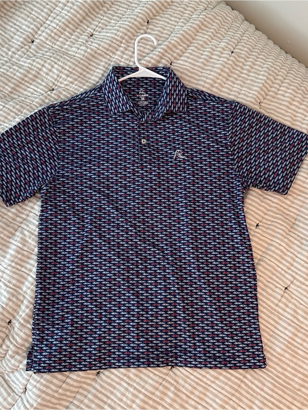 Rhoback Men's Navy Blue Button-Up Shirt with White and Red Car Print